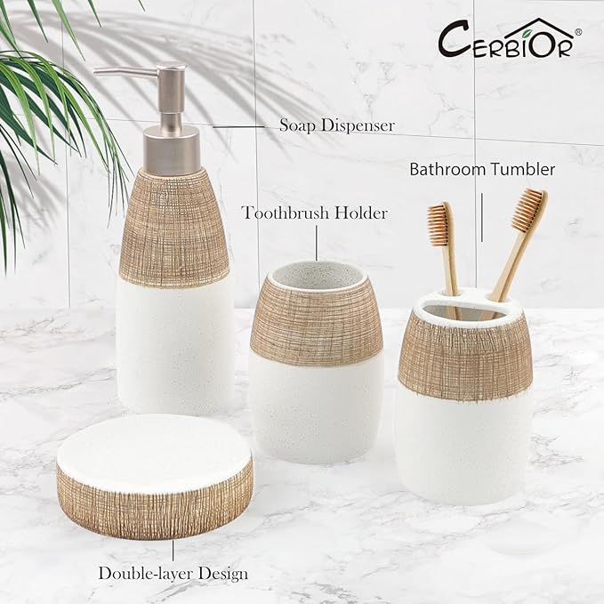 CERBIOR Bathroom Accessories Set,4 Pcs Ceramic Bathroom Decor Accessory,Includes Toothbrush Holder, Toothbrush Cup, Soap Dish for Decorative Countertop and Housewarming Gift, (Brown White)
