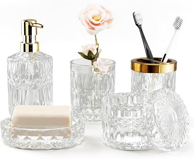 Bathroom Accessory Set 5 Pcs, Glass Bathroom Set Include Soap Dish, Toothbrush Holder, Mousewash Cup, Soap Dispenser, Cotton Swab Jar, Clear