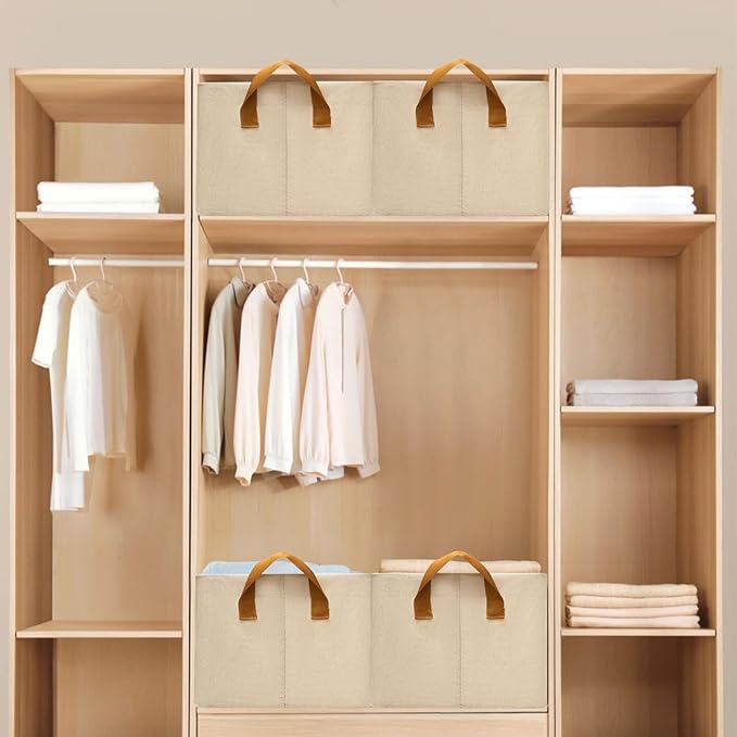 SNWDN 6 Pack Closet Cloth Storage Bins for Shelves, Medium Storage Baskets for Shelves, Fabric Bins for Closet organization with Handles（ Beige 15''L x 10''W x 8''H）