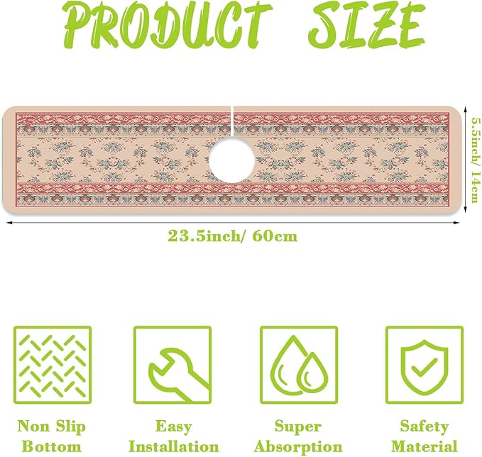 Sink Splash Guard Faucet Mat Retro Boho Flowers Absorbent Fast Drying Mat Sink Gadgets Splash Guard Behind Faucet Drip Catcher for Kitchen Bathroom 23.5"X5.5"