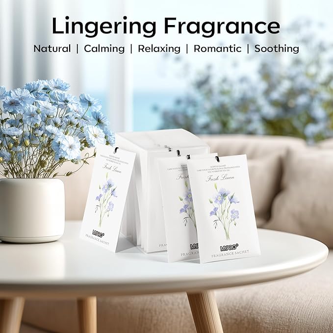 MYARO 12 Pack Fresh Linen Scented Sachets for Drawer, Closet & Car Air Freshener Bags | Odor Eliminator & Fabric Refresher | Crisp, Clean Home Fragrance Gift Set