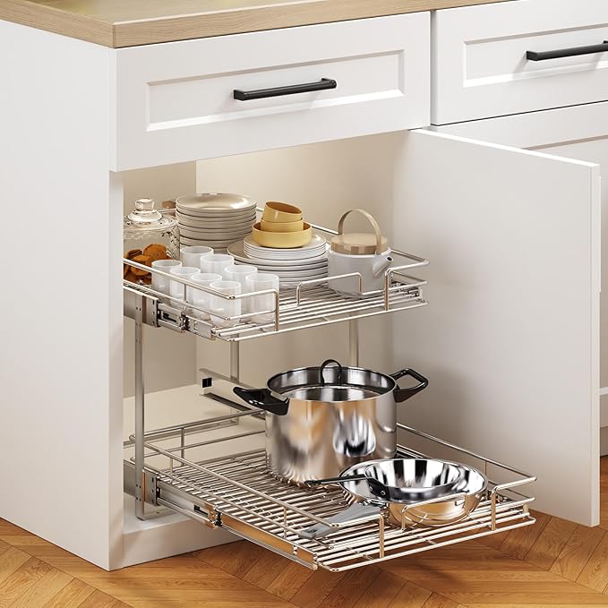MODCART 2 Tier Individual Pull Out Cabinet Organizer 22½" W x 21½" D, Heavy Duty Cabinet Pull Out Shelves, Slide Out Drawers Organization for Kitchen Cabinets Bathroom