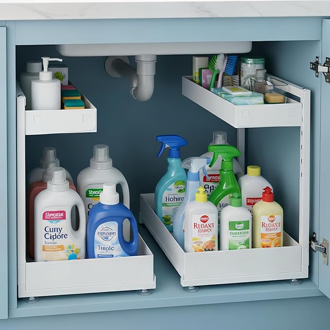 Under Sink Organizer, Bathroom Counter Organizer, 2 Pack 2 Tier L-Shape White, Adjustable Height Carbon Steel, Under Cabinet Storage with Pull Out Drawer, Use for Kitchen Bathroom Office Shop Laundry
