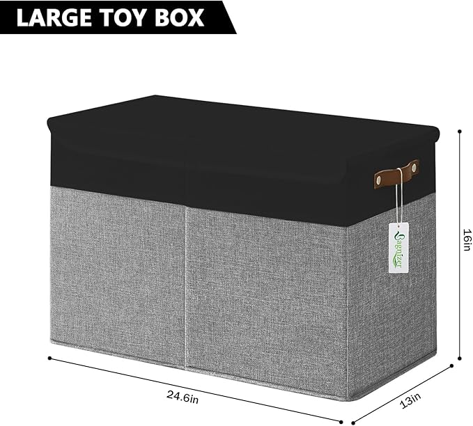Large Toy Storage Box with Lids, Collapsible Sturdy Baby Storage Organizer Chest Bin Basket for Kids, Boys, Girls, Playroom, Nursery, Bedroom, Closet 25"x13"x16" (Gray and Black)