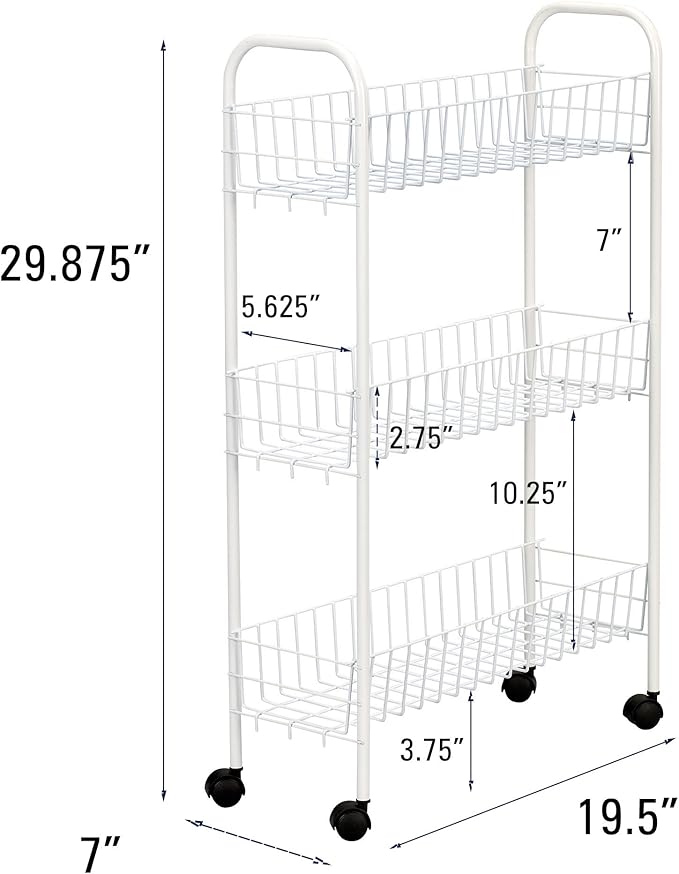 Household Essentials 05121 Slim Line 3-Tier Metal Storage Cart | Laundry Room Rolling Organizer | White