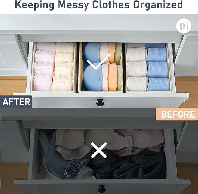 DIMJ Drawer Organizer Clothes - Underwear Organizer Small Sock Organizer Closet Organizers and Storage Box Dresser Drawer Dividers for Baby Clothes, Bra, Socks, Belt, Tie, Set of 9, Beige