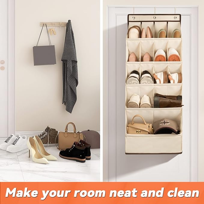 FENTEC 1 Pack Over the Door Shoe Organizers, Hanging Shoe Organizer with Large Deep Pocket Shoe Holder for Closet Shoes Rack for Wall, Over Door Shoe Storage Hold up to 18 Pairs Shoes, Beige