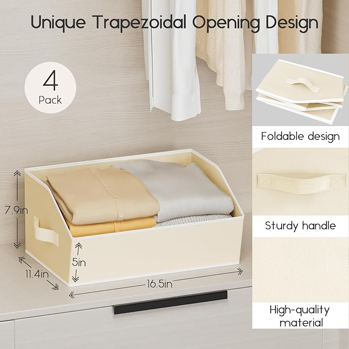 Large Closet Organizers and Storage Bins - 4 Pack Trapezoid Storage Baskets for Shelves, Foldable Fabric Baskets with Handles Ideal for Closet, Basket, Wardrobe and Shelf Storage, Beige