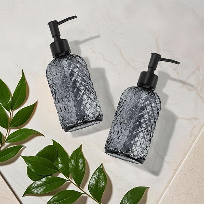2 Pack Gem Glass Soap Dispenser with Black Plastic Pump, 13oz Liquid Hand Soap Dispenser, Rustproof Pump for Kitchen & Bathroom, Great for Lotions, Essential Oil, Liquid Soaps-Gray