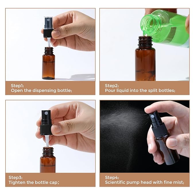 longway 15 PCS Spray Bottles, 0.5oz/15ml Amber Empty Fine Mist Spray Bottle Dispenser with Cap, Small Refillable Liquid Containers with 1pcs Funnel and 18pcs Labels