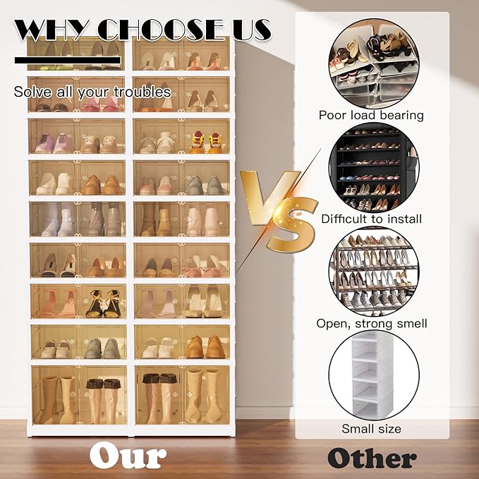 9-Tier Portable Shoe Rack Organizer for Closet, 36 Pairs Shoe Container Bins, Clear Plastic Collapsible Shoes Storage Box, Stackable Sneaker Storage Shoe Cabinet with Door