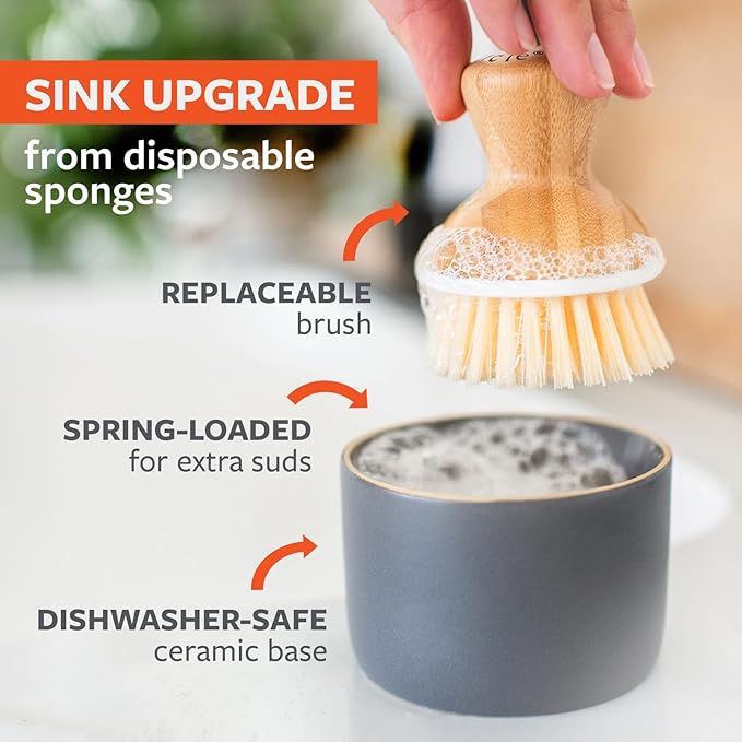 Full Circle Bubble Up Bamboo Dish Brush & Ceramic Soap Dispenser – Family Safe, Formaldehyde-Free – Kitchen Scrub Brush for Dishes, Nonstick & Cast Iron, White
