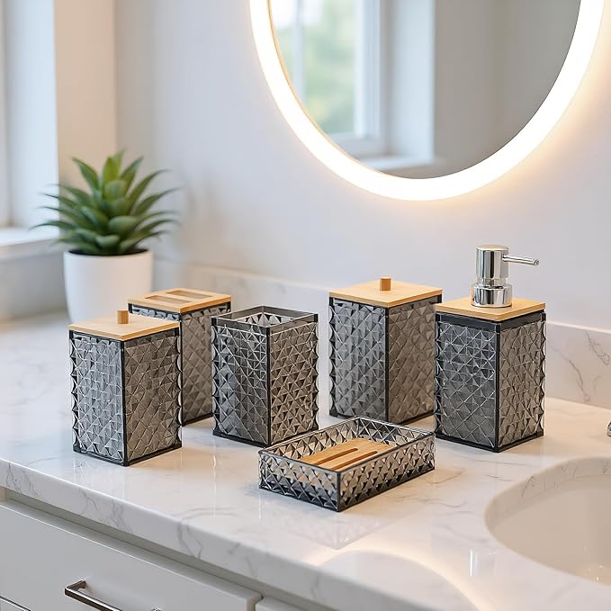 Bathroom Accessory Set,6 Pcs Gray Bathroom Set Include Soap Dispenser, Qtip Holder Dispenser, Soap Dish,Toothbrush Holder & Mouthwash Cup.Boho Bathroom Set