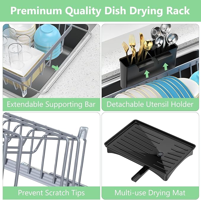LEMIKKLE Sink Dish Drying Rack - Expandable Small Dish Rack Over Sinks with Drying Tray, Dish Drainer for Kitchen Counter with Cutlery Holder, Drying Rack Fit for 14’’-19’’ Kitchen Sink