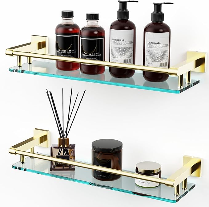 Glass Shelf for Bathroom, 20 Inch Tempered Glass with Brushed Gold Stainless Steel Railing, Floating Glass Shelves Sink Over Toilet Modern Bathroom