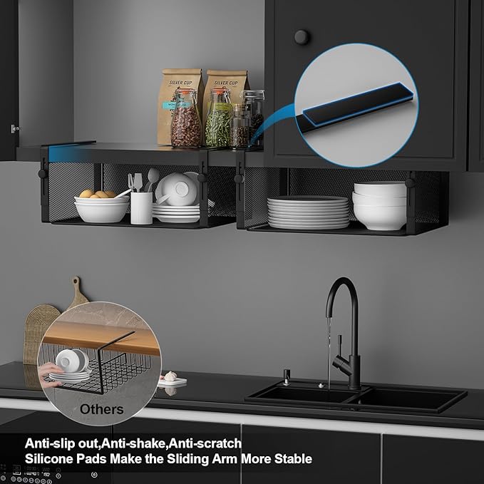 2Pack Under Shelf Basket Organizer,Adjustable Hanging Holder for Cabinet Pantry Kitchen Cupboard Desk Counter Bookshelf Organization Add-on Space Saver Heavy Duty Slide-in (Black, Large)