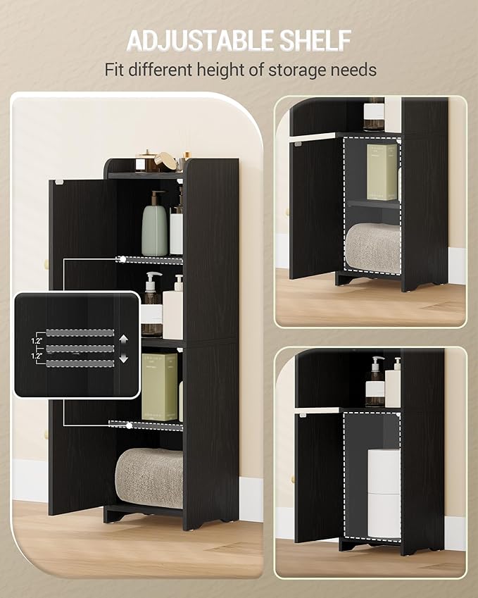 Bathroom Storage Cabinet, Small Corner Floor Cabinet with 2 Doors and Adjustable Shelf, Narrow Toilet Paper Cabinets, Bathroom Organizer for Small Spaces, 7.9"D x 7.9"W x 29.5"H Rattan Black