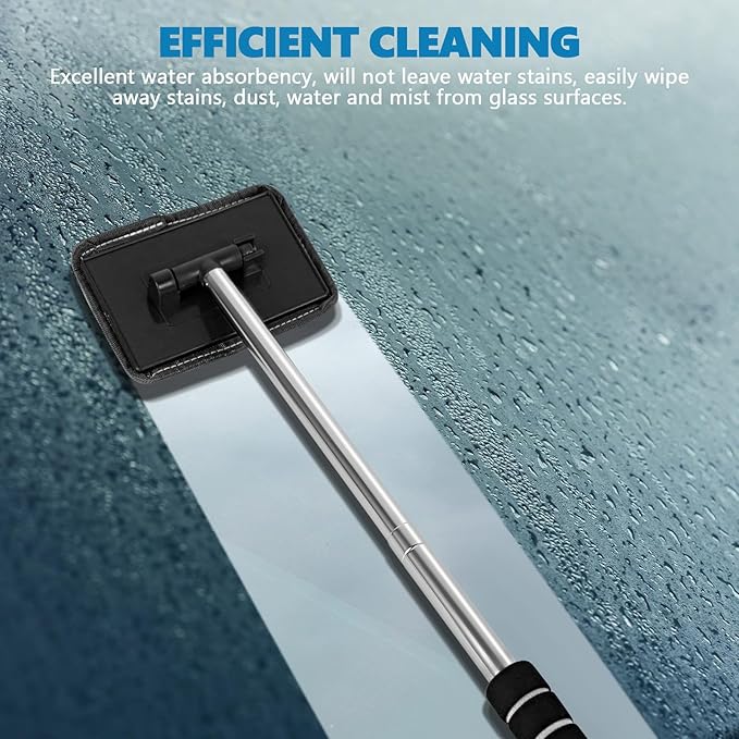 Car Windshield Cleaning Tool, Car Windshield Window Cleaner, Auto Glass Wiper Tool with Extendable Handle & Reusable Microfiber Pad, Universal Vehicle Cleaning Car Accessories (Black)