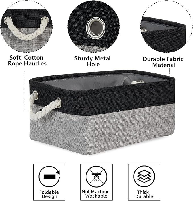 Bidtakay Storage Baskets [6 Pack] Small Fabric Canvas Collapsible Storage Bins 11.8 X 7.8 X 5 Inches Organizer Baskets with Handles Decorative Square Baskets for Cabinet Shelves Closet(Black&Grey)