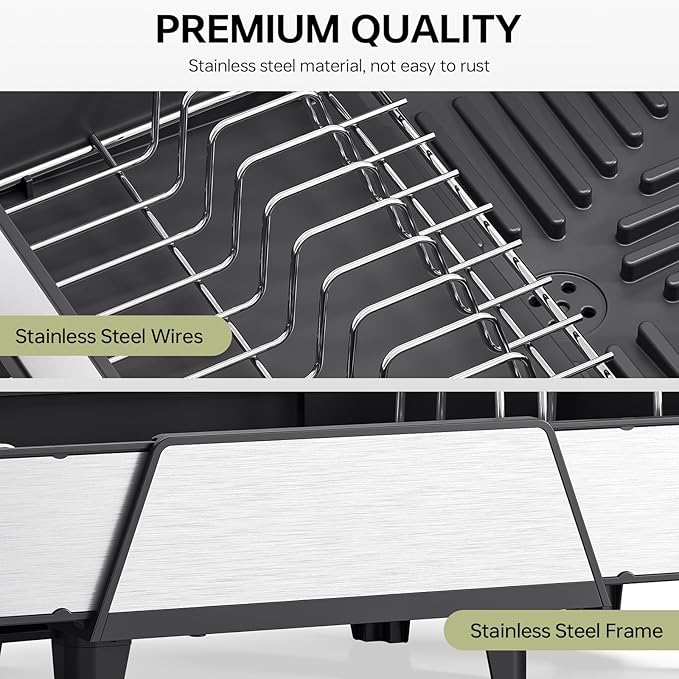 Large Dish Drying Rack - Triple Expandable Dish Rack for Kitchen Counter, Stainless Steel Sink Organization and Storage Essentials with Utensil & Pans Holder for Home and Appartment, Black