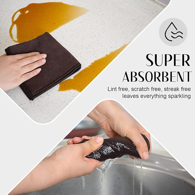 SINLAND Absorbent Microfiber Dish Cloth Kitchen No Streak Cleaning Cloth Dish Rags Lens Cloths 12 Inch X 12 Inch 12 Pack Dark Brown