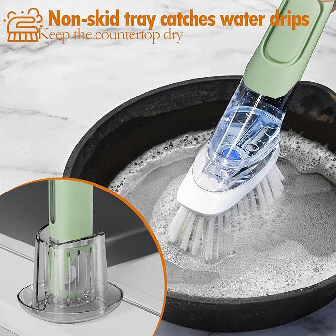 Dish Brush with Soap Dispenser Storage Set with 2 PCS Brush Refills & Holder, Dish Scrubber with Soap Dispenser, Dish Soap Brush, Dish Wand with Soap Dispenser for Dishes, Pans, Sink, Pots(Green)
