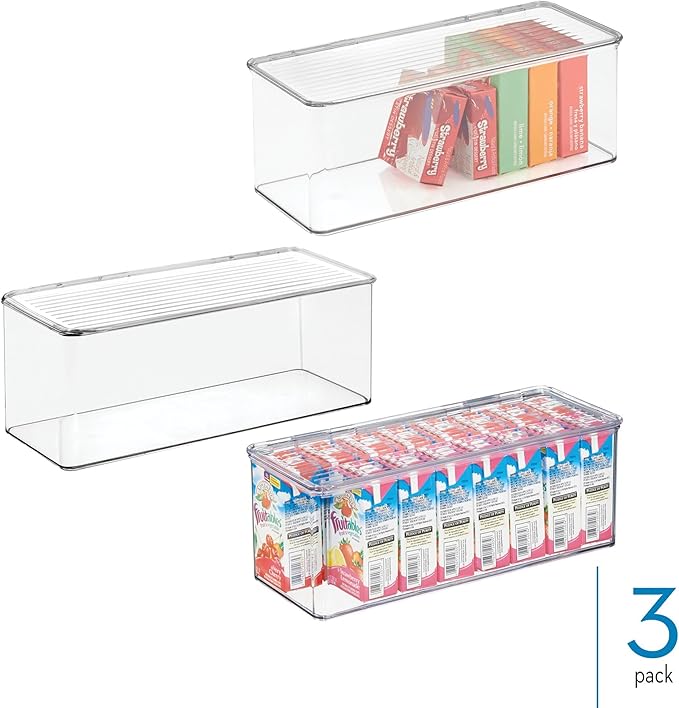 iDesign Plastic Stackable Hinged-Lid Storage Box for Kitchen, Bathroom, or Office - Set of 3 - Clear