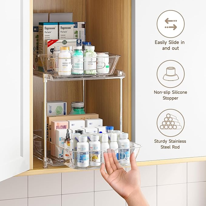 2 Sets of Under Bathroom Sink Organizer, 2-Tier Multi-Purpose Clear Medicine Cabinet Organizer, Pull Out Home Organization Must Haves 2026 with Movable Dividers