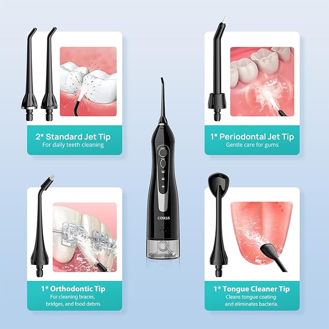 COSLUS Water Dental Flosser Teeth Pick C20(F5020E): Portable Cordless Oral Irrigator 300ML Rechargeable Travel Irrigation Cleaner IPX7 Waterproof Electric Flossing Machine for Teeth Cleaning