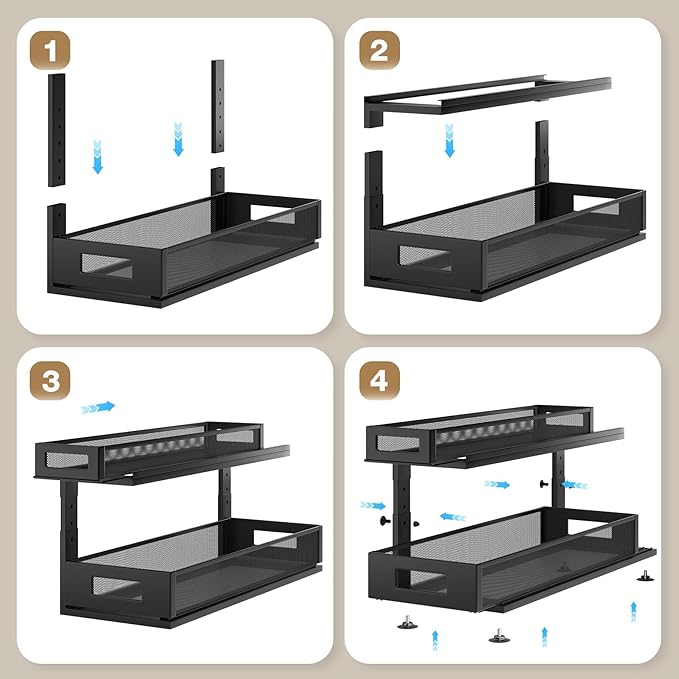 Corbyles 2 Pack 21.3IN-Depth Under Sink Organizer with Next-Gen Ball-Bearing Slides,2-Tier Pull Out Cabinet Storage,Height Adjustable Drawer Shelf for Bathroom,Kitchen,Laundry,Cabinet,Pantry-Black