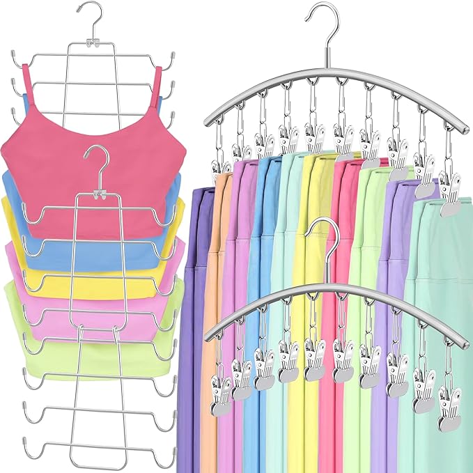 TomCare 2 Pack Tank Top Hanger and 2 Pack Leggings Organizers Space Saving Sport Bras Organizer Metal Yoga Pants Hangers with 20 Clips Hanging Closet Organizers and Storage, Grey