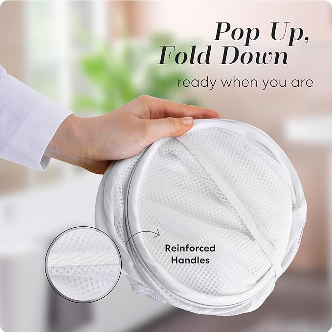 Foldable Laundry Basket - Popup and Collapsible, Durable Mesh Material, Folds for Storage, Easy Carry Handles - Great Hamper for College Dorm, Laundry Room or Travel (White, 3-Compartments)