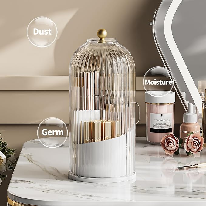 Makeup Brush Holder Organizer with Lid, 360 Rotating Make up Brush Holder with Cover, Dustproof Makup Brush Storage for Vanity Bathroom Countertop, Covered Toothbrush Holder, Clear Grey