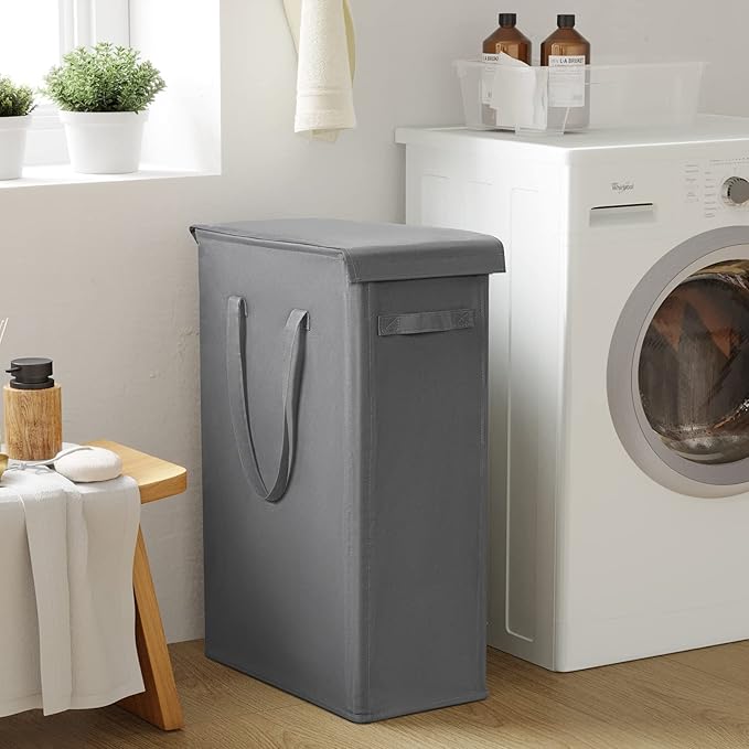 Chrislley 60L Slim Laundry Hamper with Lid Narrow Laundry Basket with Handle Upgrade Foldable Dirty Clothes Hamper Portable Skinny Hamper Organizer Storage Bins (25.6 inches, grey)