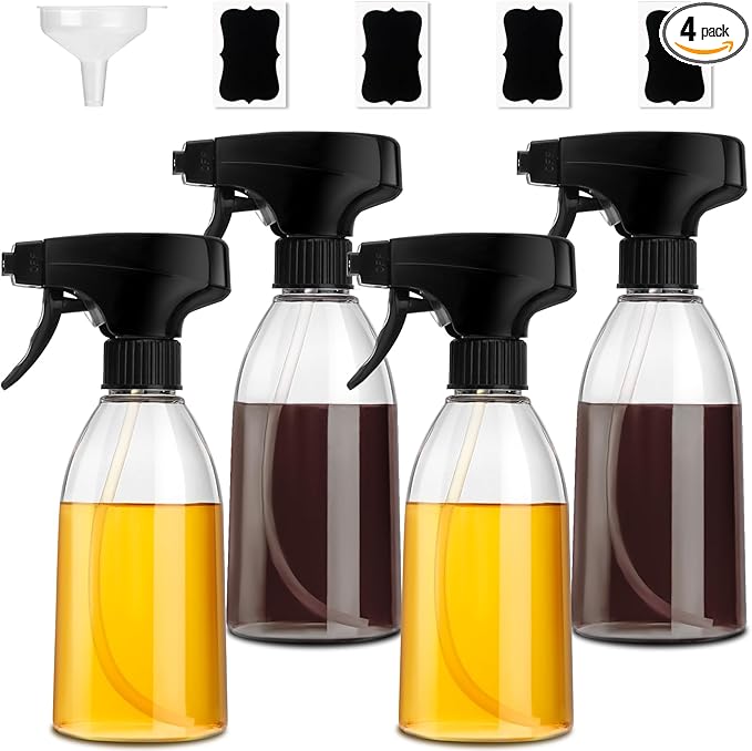 gmisun Oil Sprayer for Cooking, 4 Pcs Food-Grade Plastic Olive Oil Spray Bottle, 10 Fl Oz Oil Spritzer Mister, Refillable Oil Dispenser for Avocado, Olive, Coconut Oils, Vinegars, Kitchen Cleaner