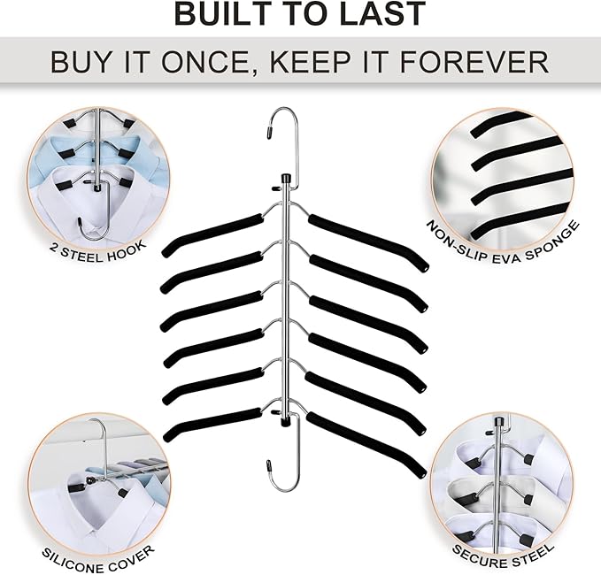 TOPIA HANGER Clothes Hanger Space Saving, 6 Tier Shirt Coat Hangers Space Saving No Bump Shoulder Hangers with No Slip Foam Padded Hangers Closet Organizers and Storage for Men and Women 2 Pack-CT64B