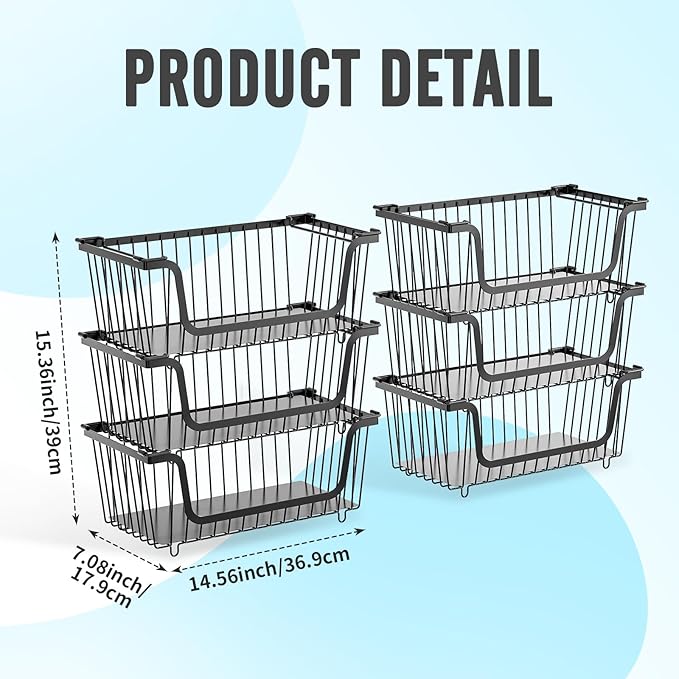 6 Pcs Stackable Wire Baskets for Pantry Organizers and Storage,Vegetable Fruit Basket for Countertop,Kitchen Storage Metal Baskets,Produce Potato Onion Storage Bin,Black