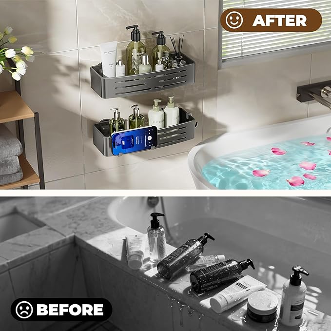 Shower Caddy Suction Cup,2 Pack Shower Shelves with Hooks No Drilling Removable,Large Capacity Bathroom Organizers and Storage,Waterproof Rustproof Shower Bathroom Accessories Decor(Gray)