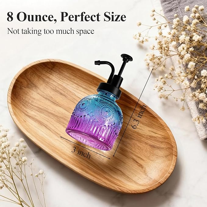 SheeChung Vintage Soap Dispenser, Kitchen Dish Soap Dispensers with Pump Mat, Glass Hand Soap Dispenser for Bathroom, Liquid, Lotion, Refillable, Rustic Farmhouse Decor-Purple Blue (Black Pump, 2 pk)