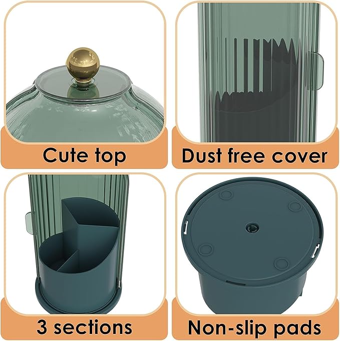Zufudo Dustproof Toothbrush Holders with Cover, Rotating Electric Toothbrush and Toothpaste Holder for Bathroom Countertop, 3 Slots Makeup Brushes Organizer, All Green