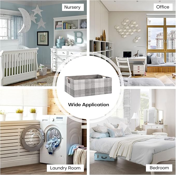 Fabric Storage Bin Box Collapsible Cotton Linen Storage Cube with Wooden Handles Rectangular Decorative Home Organizer Clothes Blanket Basket– Light Gray Plaid, Medium