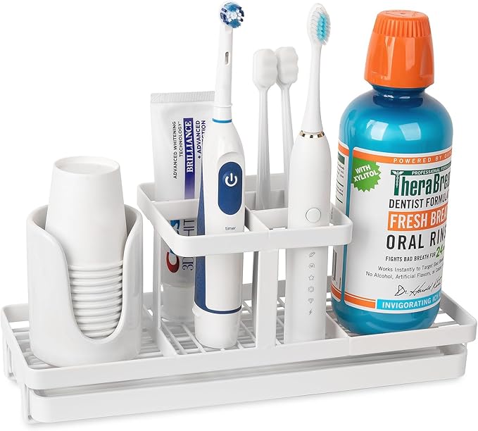 Toothbrush Holders for Bathrooms, Carbon Steel Tooth Brushing Holder Electric Toothbrush and Toothpaste Organizer Bathroom Accessories for Countertop, Shower, Sink, 5 Slots, White