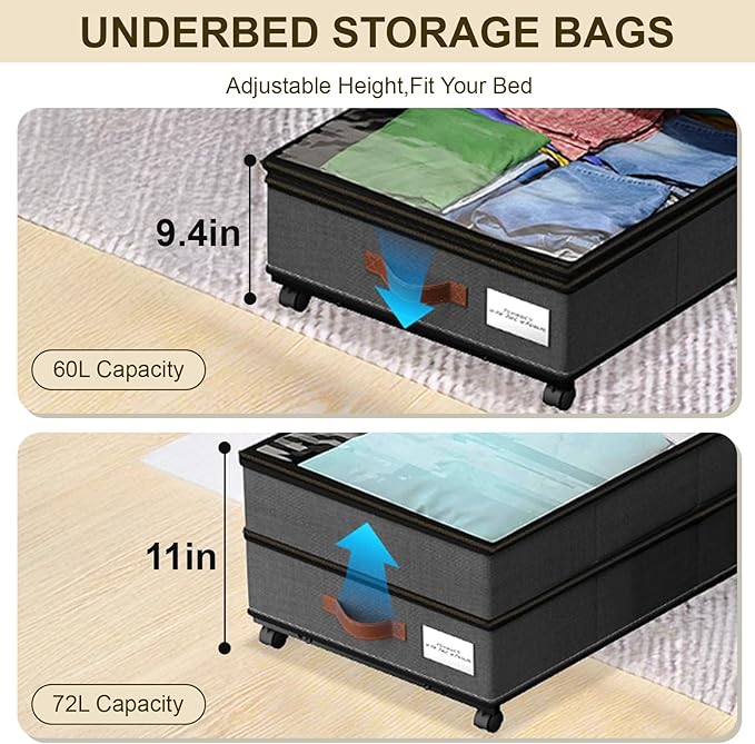 2 Pack Under Bed Storage with Wheels & Clear Lids – 72L XXL Large Capacity Under bed Storage Organizer for Clothes, Toys, Blankets | Space-Saving Stackable Design | Bedroom Storage Solution