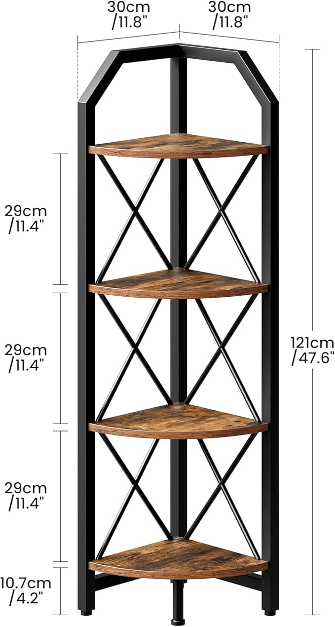 4-Tier Rustic Brown and Black Corner Shelf, 4-Shelf Industrial Corner Bookshelf, Space-Saving Corner Storage Stand, Plant Stand Display Shelf, Bedroom, Living Room, Home Office