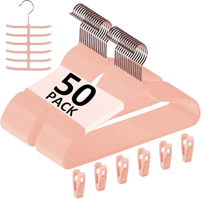 VECELO Premium Velvet Clothes Hangers Suit Heavy Duty (50 Pack)-Non Slip & Space-Saving with 6 Finger Clips & Tie Rack Excellent for Men and Women,Light Pink