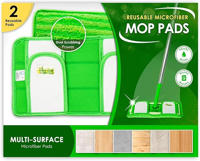Reusable Pads Compatible with Swiffer Sweeper Mops - Washable Microfiber Mop Pad Refills by Turbo - 12 Inch Floor Cleaning Mop Head Pads Work Wet and Dry - 2 Pack