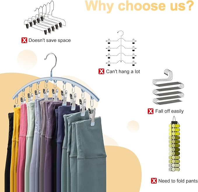 Legging Organizer for Closet, Metal Yoga Pants Hanger w/Rubber Coated 1 Pack w/10 Clips Hold 10 Leggings, Hangers Space Saving Hanging for Closet Organizers and Storage-Blue