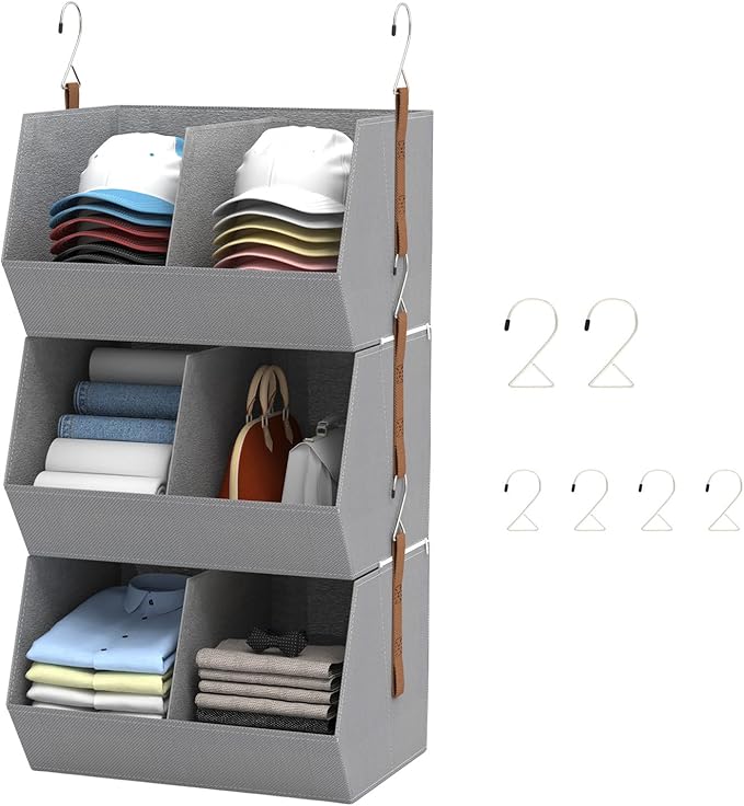 1 Pack,Hanging Closet Organizer 3 Tier,Disassemblable Clothes Hanging Shelves,Space-Saving Closet System, Fabric Storage Bins Bedroom Organization,Collapsible Baskets for Home, Dorm, Rv,Grey