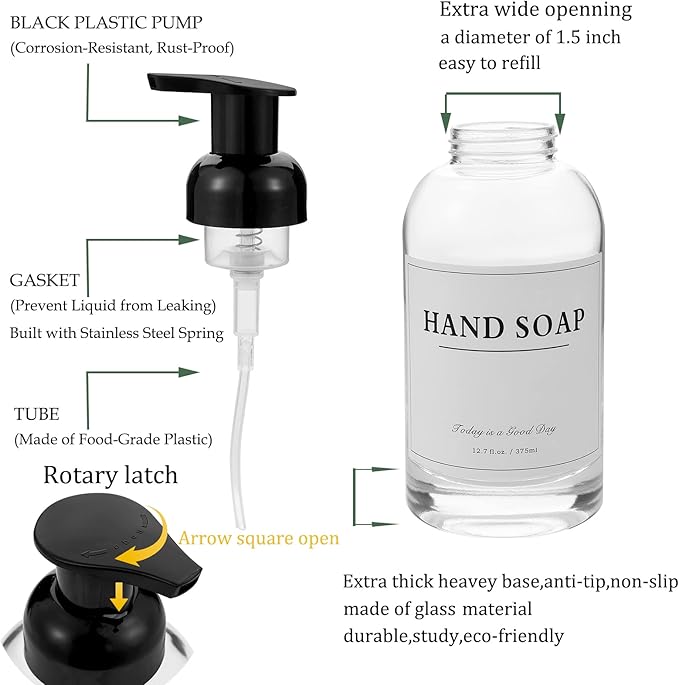 rejomiik Foaming Soap Dispenser Thick Glass Foam for Bathroom or Kitchen Sink, 12.7 oz Clear Pump Bottles for Hand soap, Body Wash, Black 2 Pack