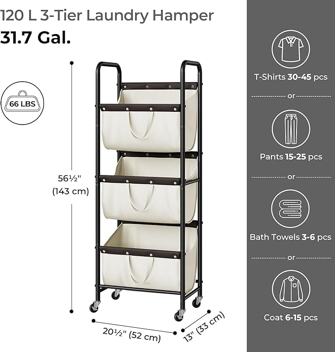 GRANNY SAYS 3 Tie Laundry Sorter, Laundry Basket with Wheels, Laundry Room Organization and Storage, 3 Section Rolling Laundry Cart for Dorm, Bathroom, Bedroom, Closet, Beige